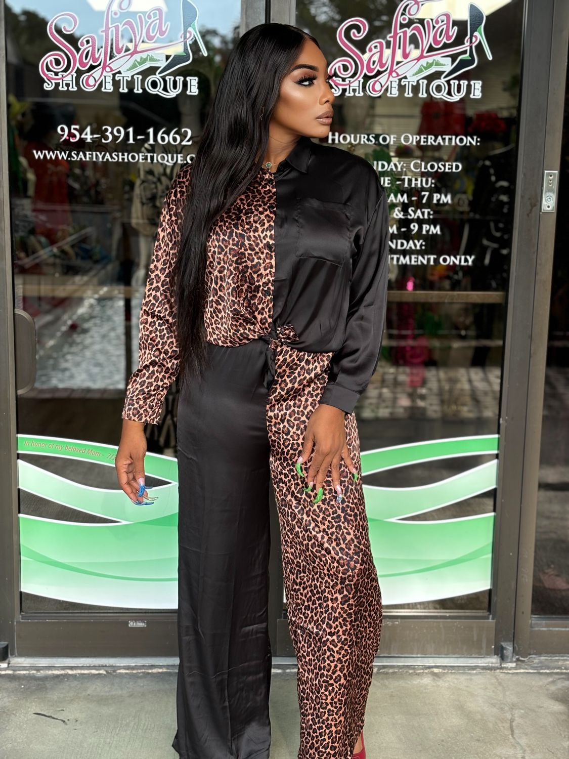 &quot;Lakiesha&#39; Half Animal Print And Half Solid Top And Pants Set