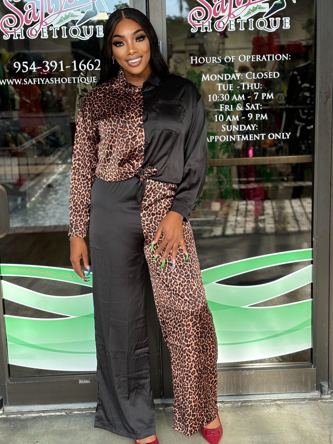 &quot;Lakiesha&#39; Half Animal Print And Half Solid Top And Pants Set
