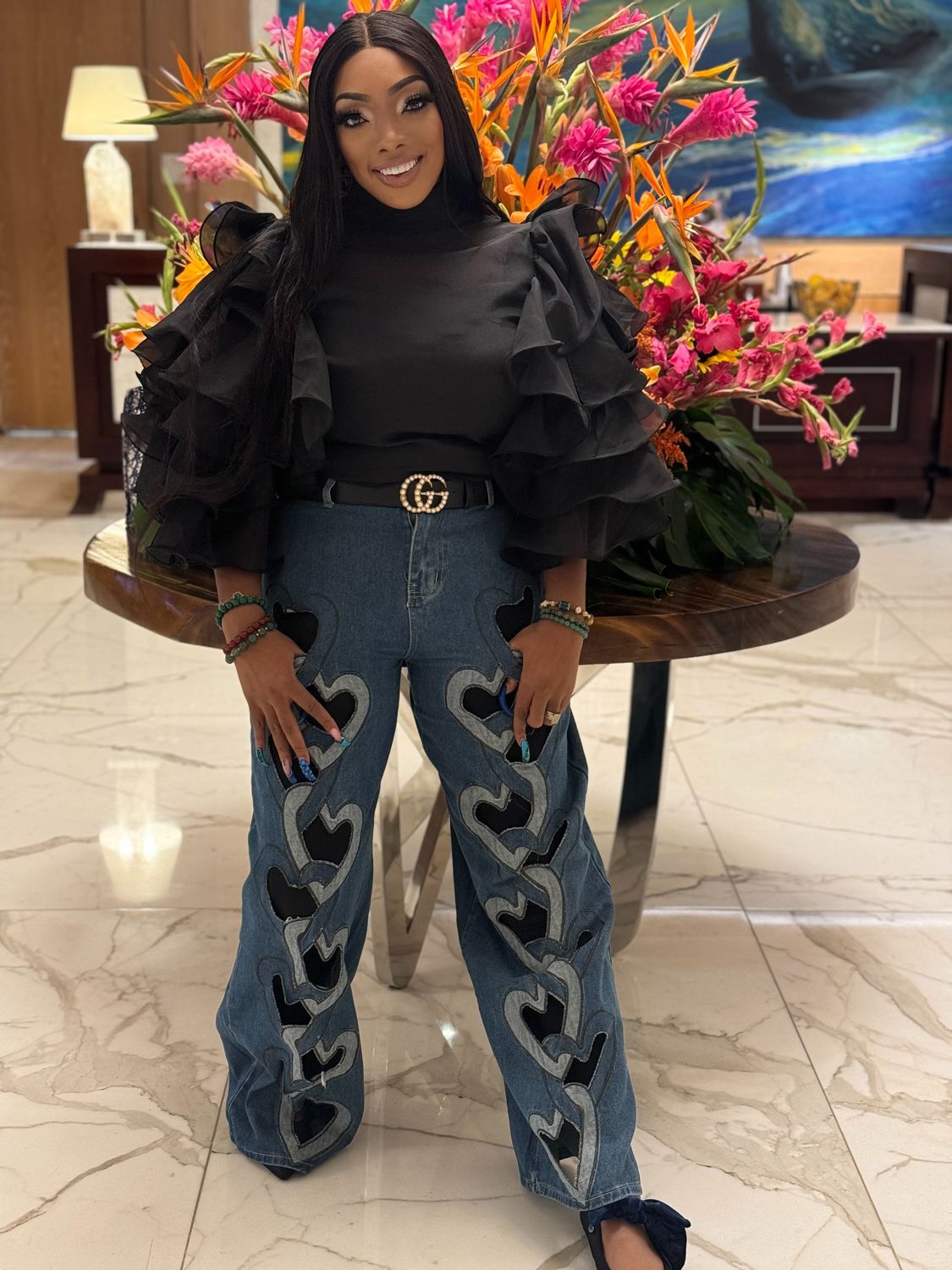 &quot;DANIELLE&quot; Heart Cut-Out Flared Jeans