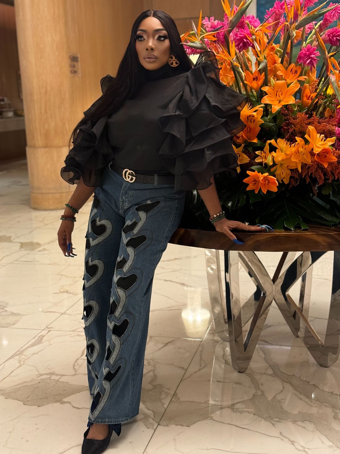 &quot;DANIELLE&quot; Heart Cut-Out Flared Jeans