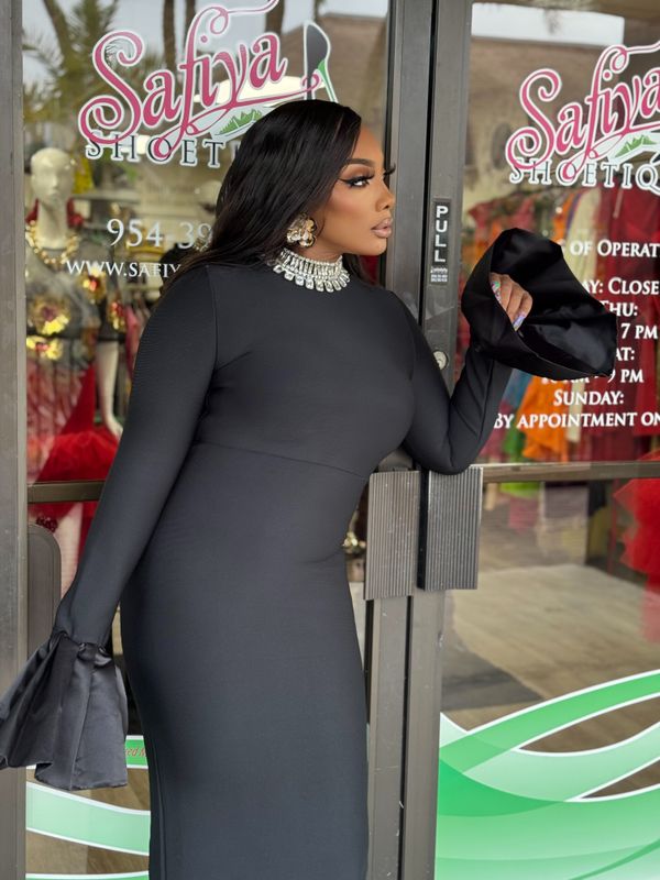 SARAH Satin-Cuff Long Sleeve Gown