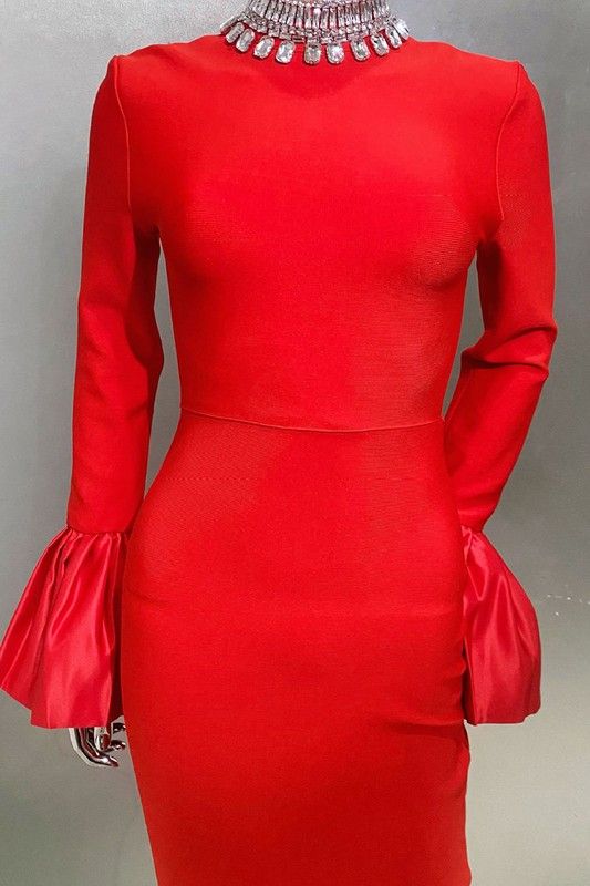 SARAH Satin-Cuff Long Sleeve Gown