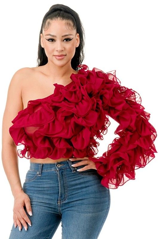 LYSIA ONE SHOULDER LONG SLEEVE RUFFLE DETAIL CROP top