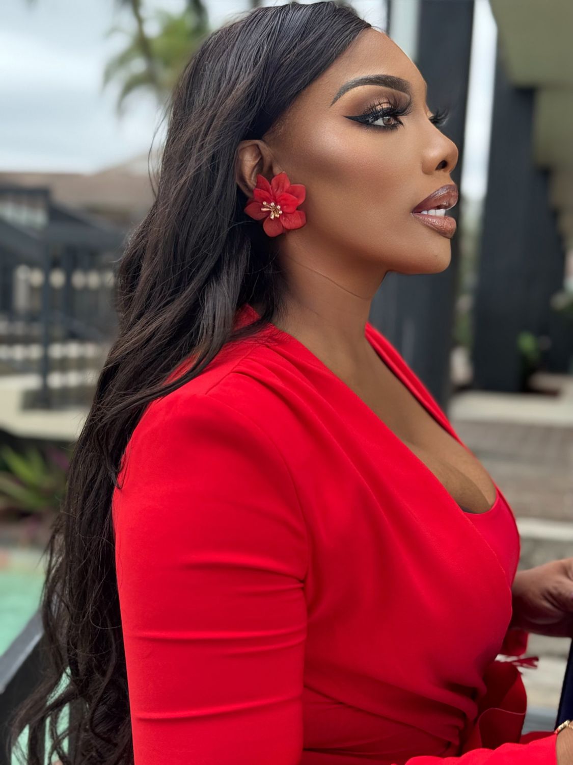 Fireside Glamour: Red &amp; Gold Tropical Flower  Earrings