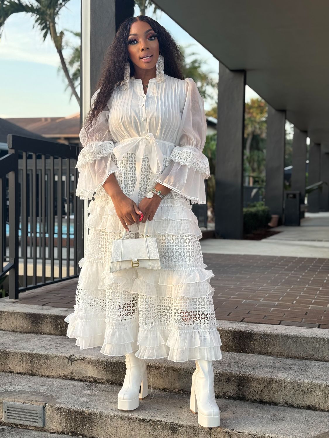 Eternity Bell Sleeve Ruffle Dress-WHITE
