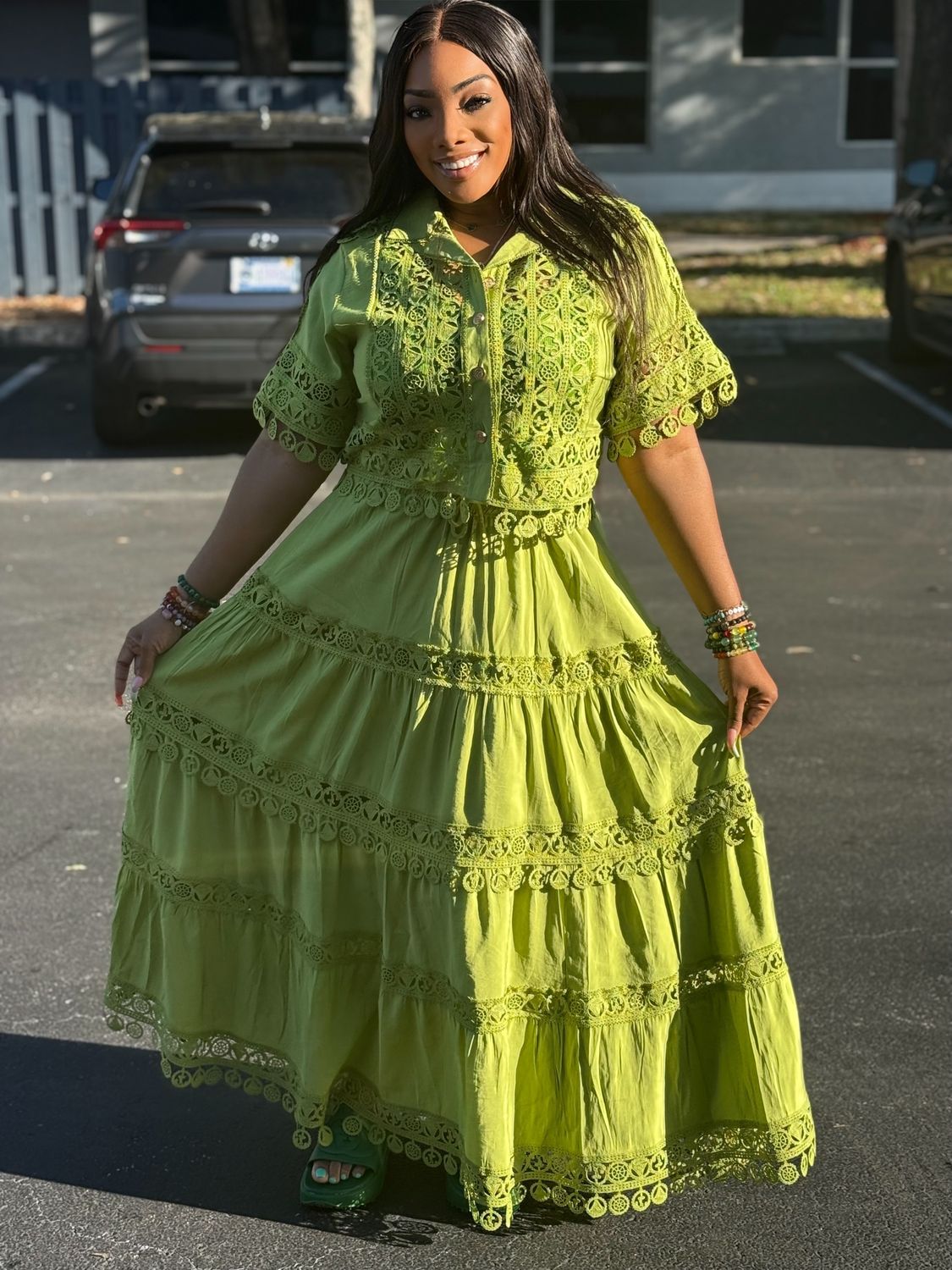 ASHLEY Green Crochet Solid  Skirt Set