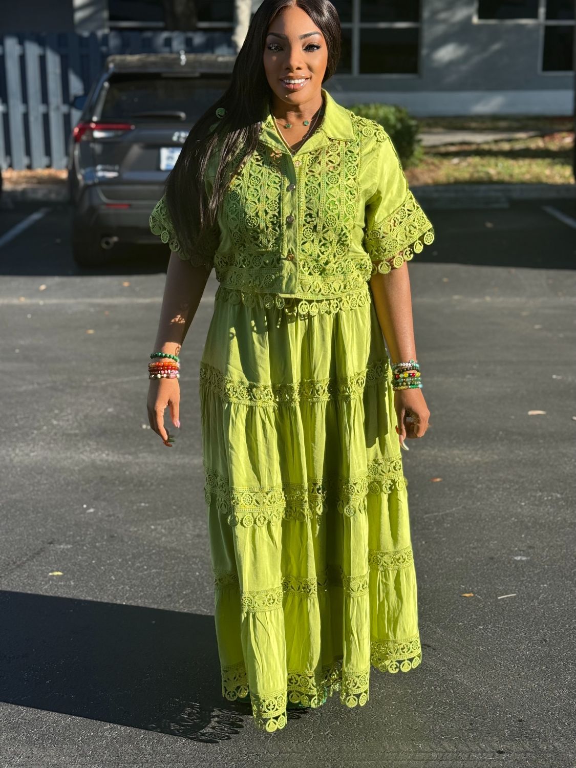 ASHLEY Green Crochet Solid  Skirt Set