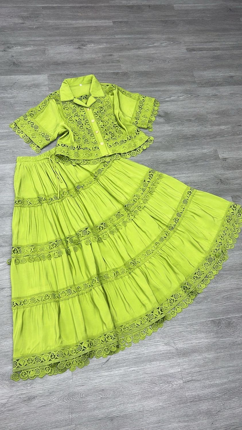 ASHLEY Green Crochet Solid  Skirt Set