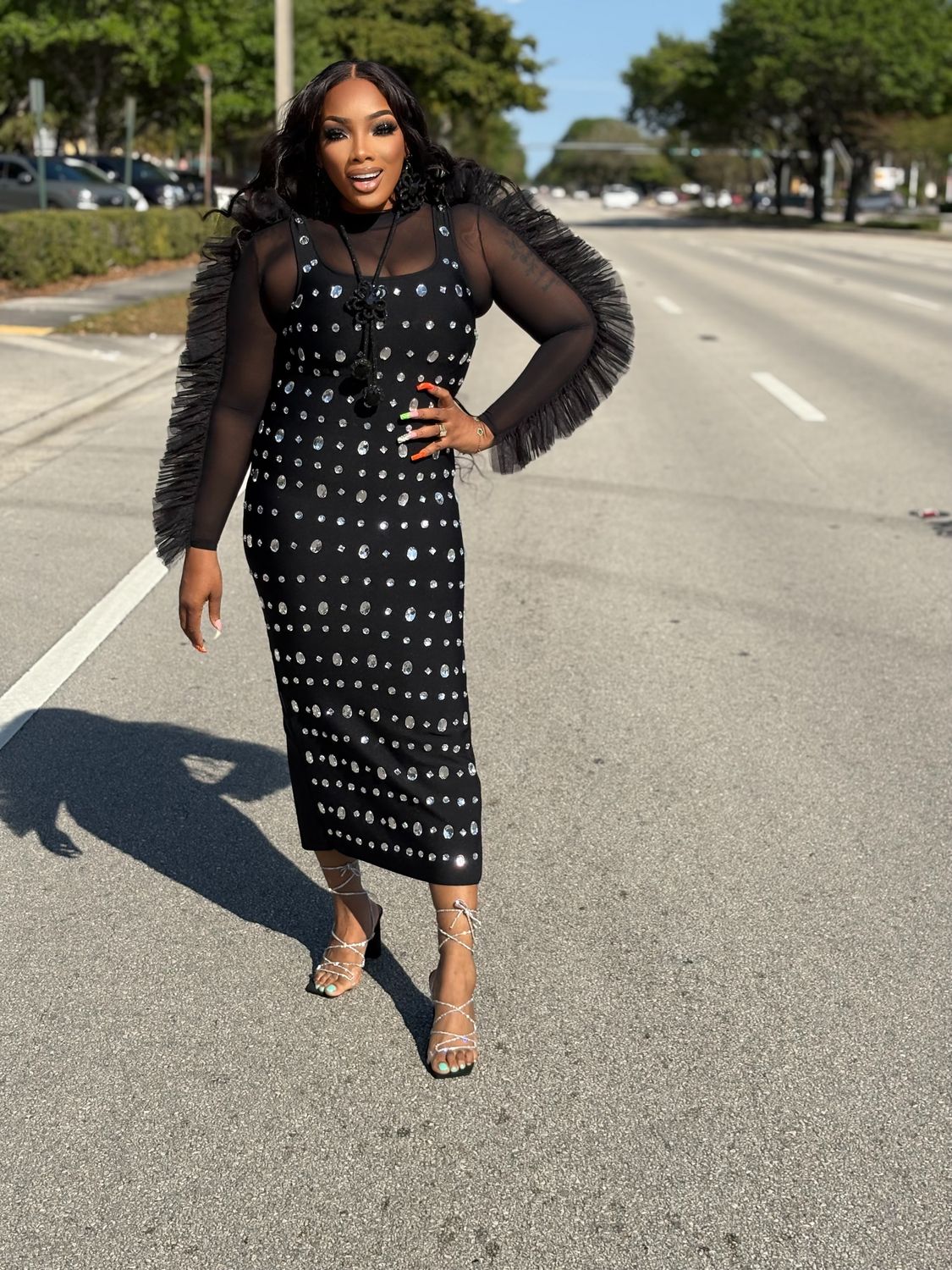 &quot;Ruth&quot; DIAMOND STUDDED tank midi  Dress