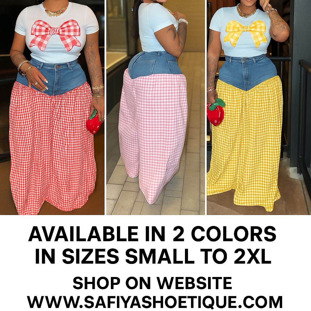 NIESHA Gingham Bow Tee And Denim Skirt Set