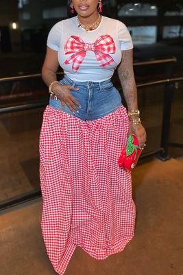 NIESHA Gingham Bow Tee And Denim Skirt Set