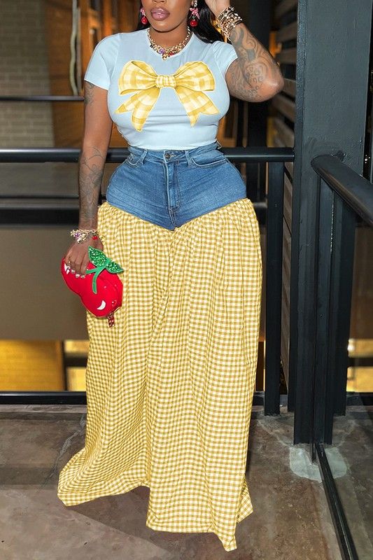 NIESHA Gingham Bow Tee And Denim Skirt Set