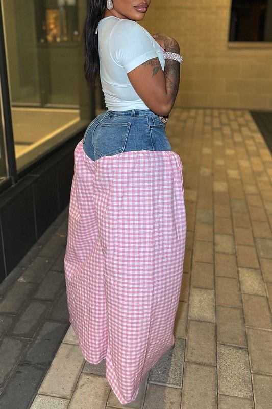 NIESHA Gingham Bow Tee And Denim Skirt Set