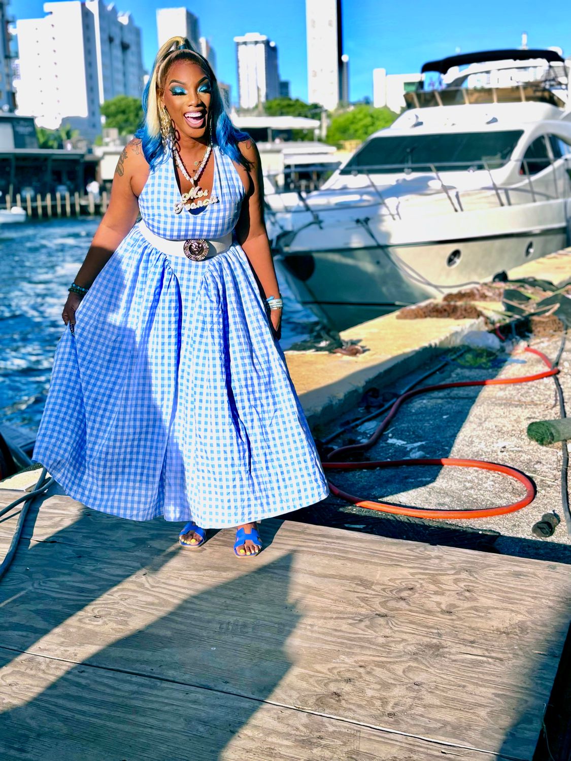 SARA Blue Gingham Halter Maxi Dress