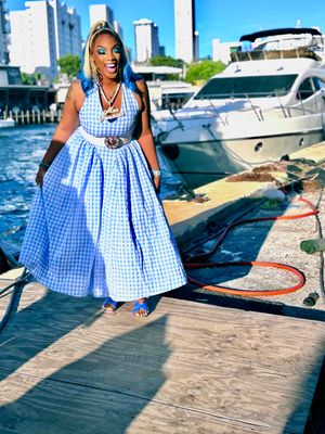 SARA Blue Gingham Halter Maxi Dress