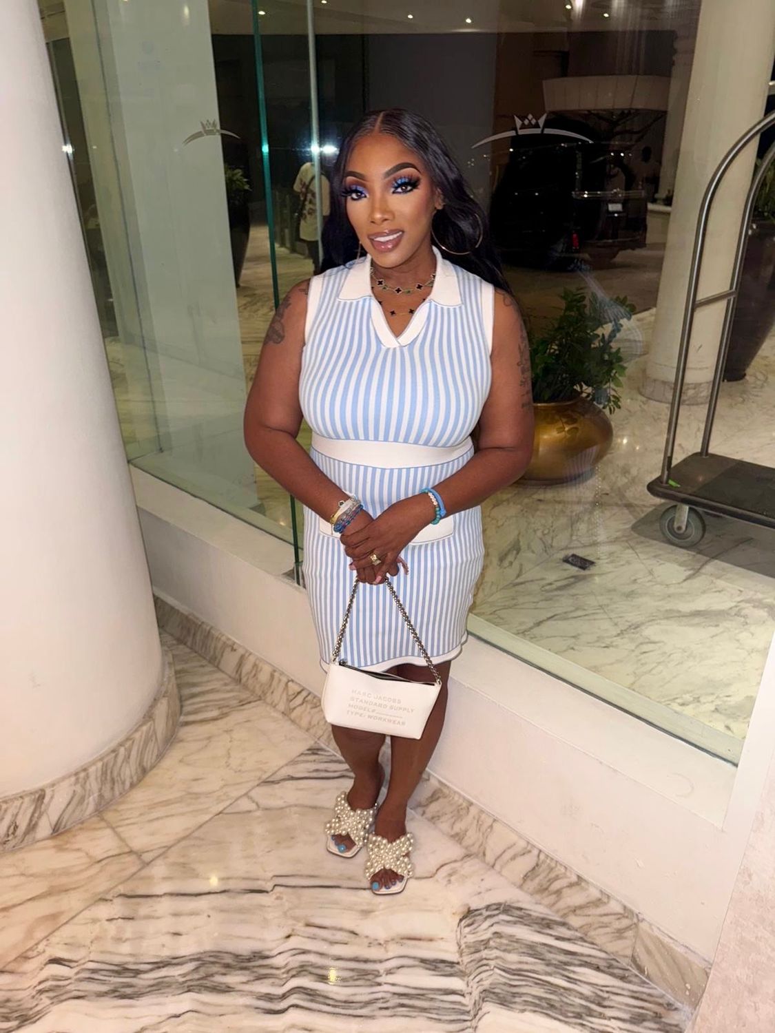 CONNIE Blue & White Striped Knit Mini Dress CONNIE Blue & White Striped Knit Mini Dress