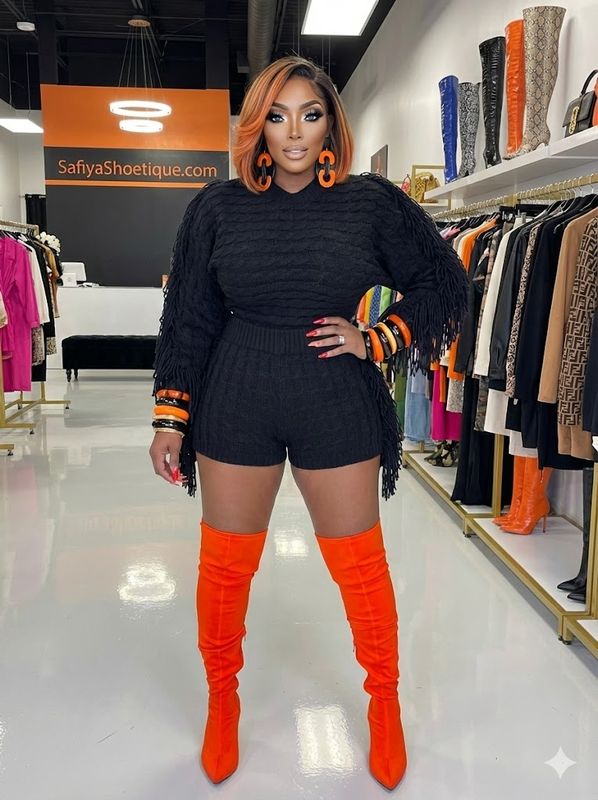 EMBER Black Luxe Fringe Knit Short Set