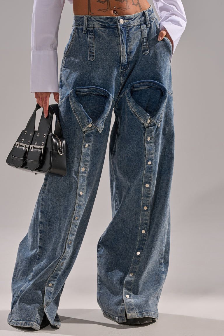 KIZZY High-Waist Snap-Detail Wide-Leg Denim