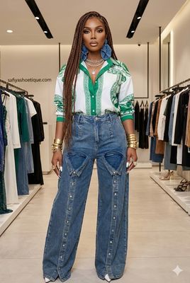 KIZZY High-Waist Snap-Detail Wide-Leg Denim