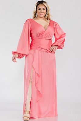 ANGINE Coral Satin Wrap Maxi Dress – Long Sleeve Formal Evening Gown