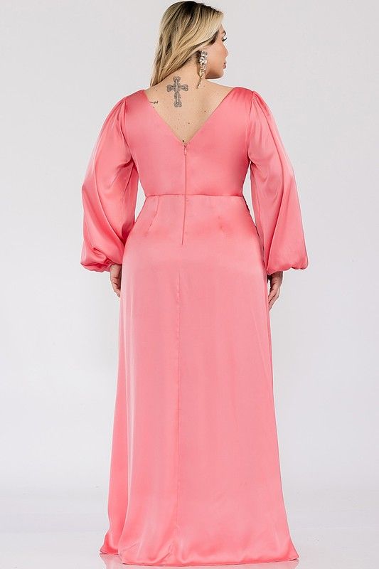 ANGINE Coral Satin Wrap Maxi Dress – Long Sleeve Formal Evening Gown