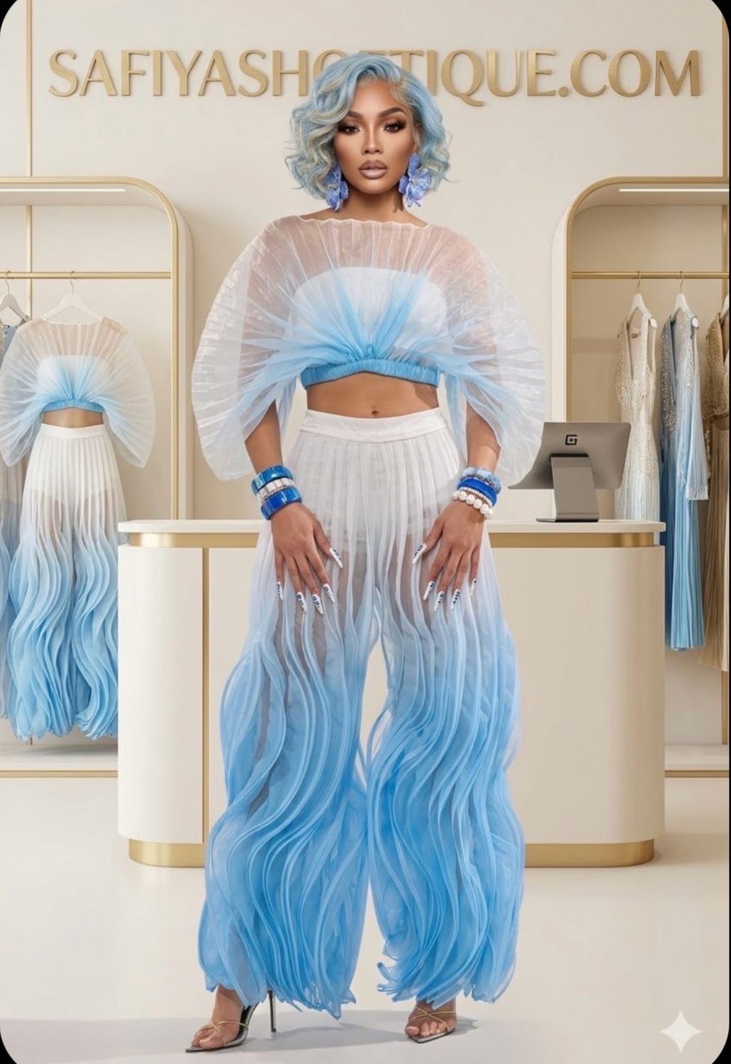 Susanne  Blue  Pleated Couture Set