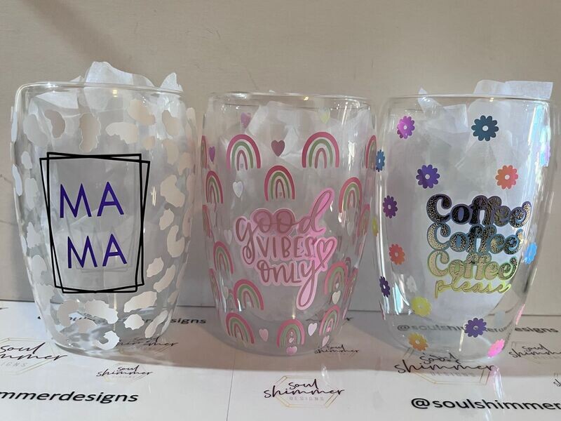 Large Double Walled Glasses with Vinyl Design