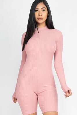 Mauve Rib-Knit Romper - (Long Sleeve, Mock Neck, Back Zipper, Fitted)