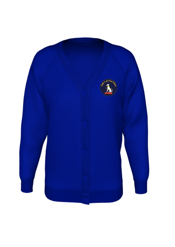 Mells School Sweat Cardigan - Royal Blue with school logo