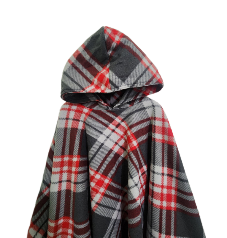 Hooded Gray and Red Plaid Wheelchair Poncho