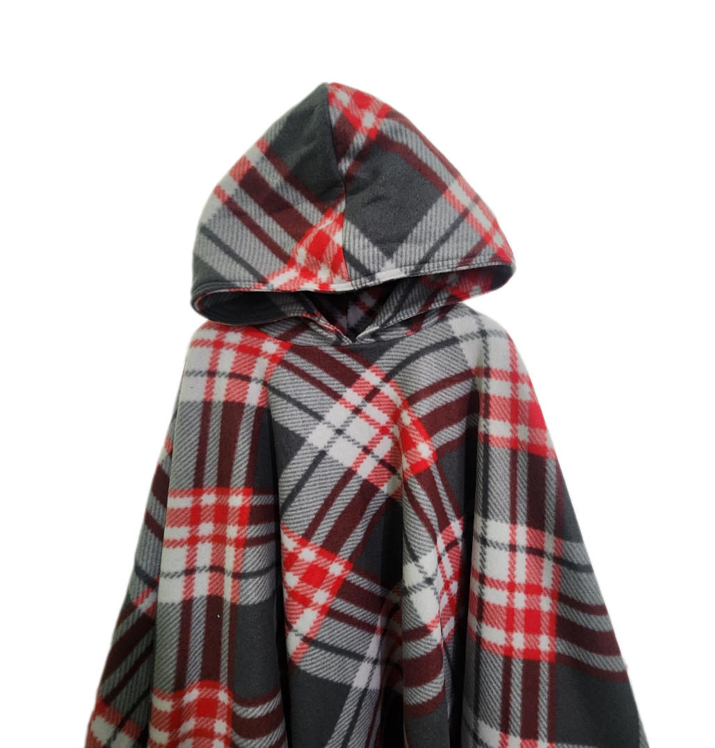 Hooded Gray and Red Plaid Wheelchair Poncho