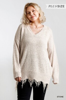 V-Neck Long Sleeve Knit Pullover Sweater with Frayed Hem