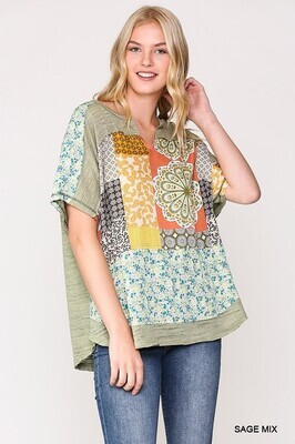 Floral Mixed Print Loose Fit Top with Scoop Hem