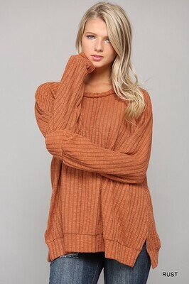 GIGIO Solid Rib Knit and Raw Edge Detail Top with Side Slits