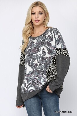 GIGIO Mixed Print and Solid Knit Loose Fit Top