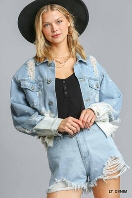 UMGEE Collar Button Down Dip Dye Denim Jacket with Chest Pockets and Unfinished Hem