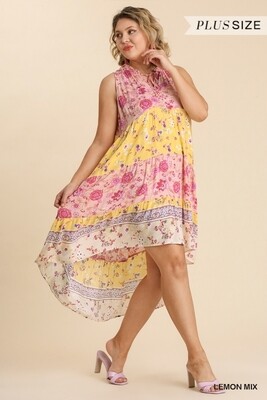 UMGEE Floral & Paisley Mixed Print Sleeveless Tie Front Tiered Midi Dress
