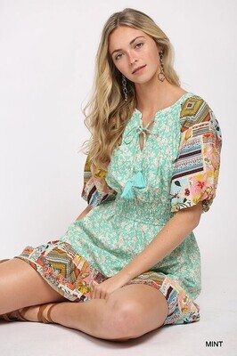 GIGIO Patchwork and Floral Print Mixed Bubble Sleeve Dress
