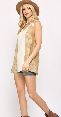 GIGIO Texture Woven and Solid Gauze Mixed Sleeveless Top Raw Edge Detail