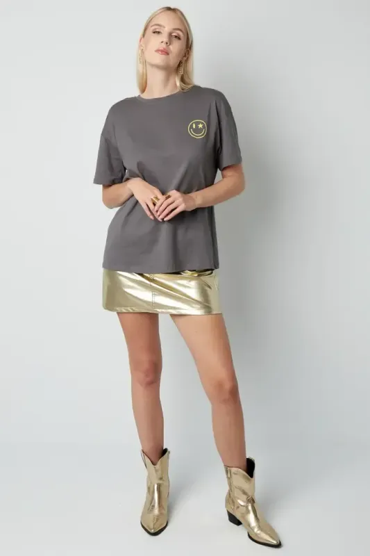 Yehwang T-Shirt Happy Life Smiley grijs en wit