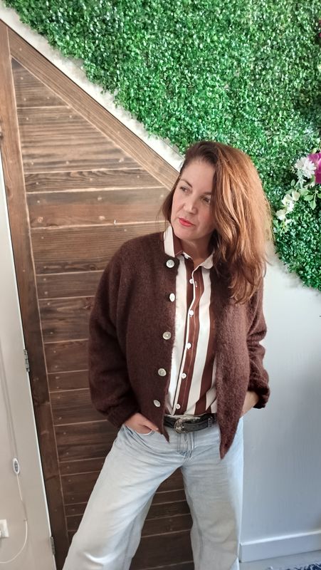 Wendy's Vertical Stripe Blouse bruin/wit Wendy's Vertical Stripe Blouse bruin/wit