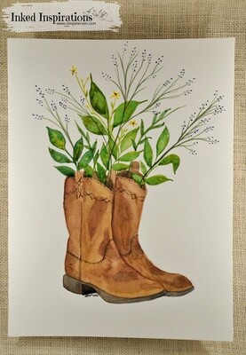 Brown Cowboy Boots Floral - Watercolor Brown Cowboy Boots Floral - Watercolor