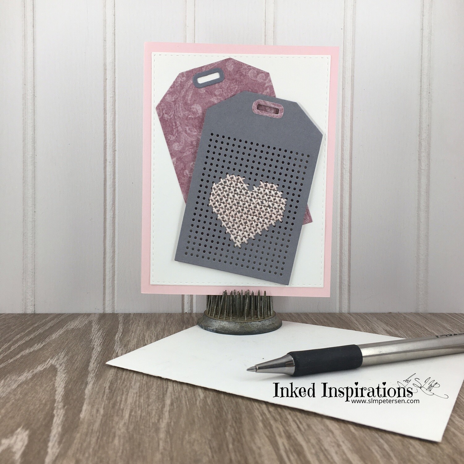 Pink Stitched Heart - Gray Tag