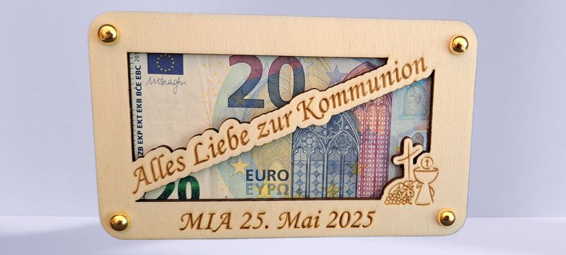 Personalisierbares Geldgeschenk zur Kommunion, Geschenkidee mit Gravur für Kinder und Jugendliche Holzkarte