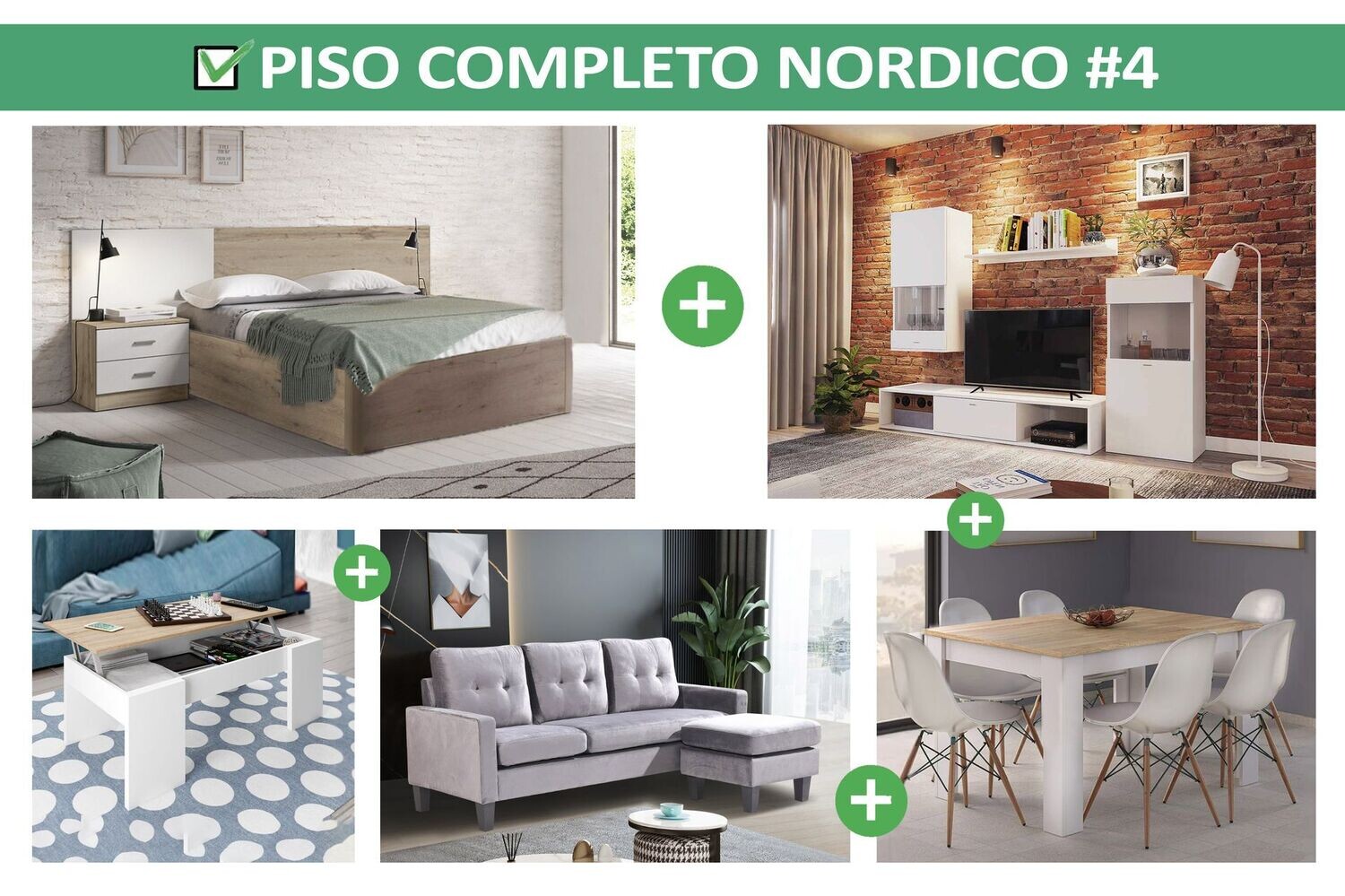 Piso Completo Nordico: Sofa + Salon + Mesas + 6 Sillas + Canape + Colchon +  Cabecero