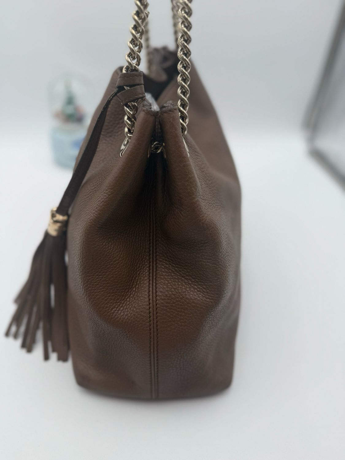 Gucci Pebbled Calfskin Medium Soho Chain Strap Shoulder Bag Tote Brown