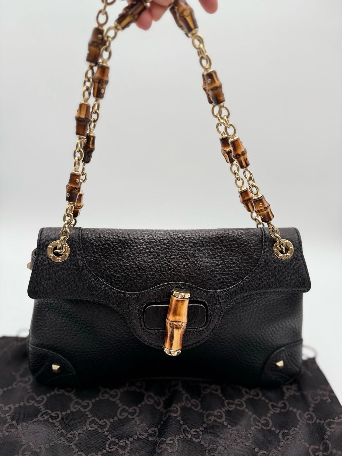 Gucci Pebbled Leather Bamboo Chain Strap Hobo Black