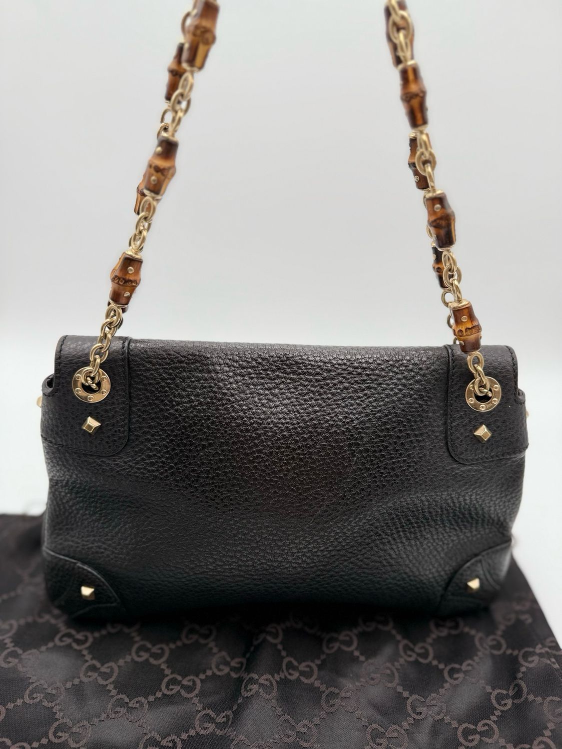 Gucci Pebbled Leather Bamboo Chain Strap Hobo Black