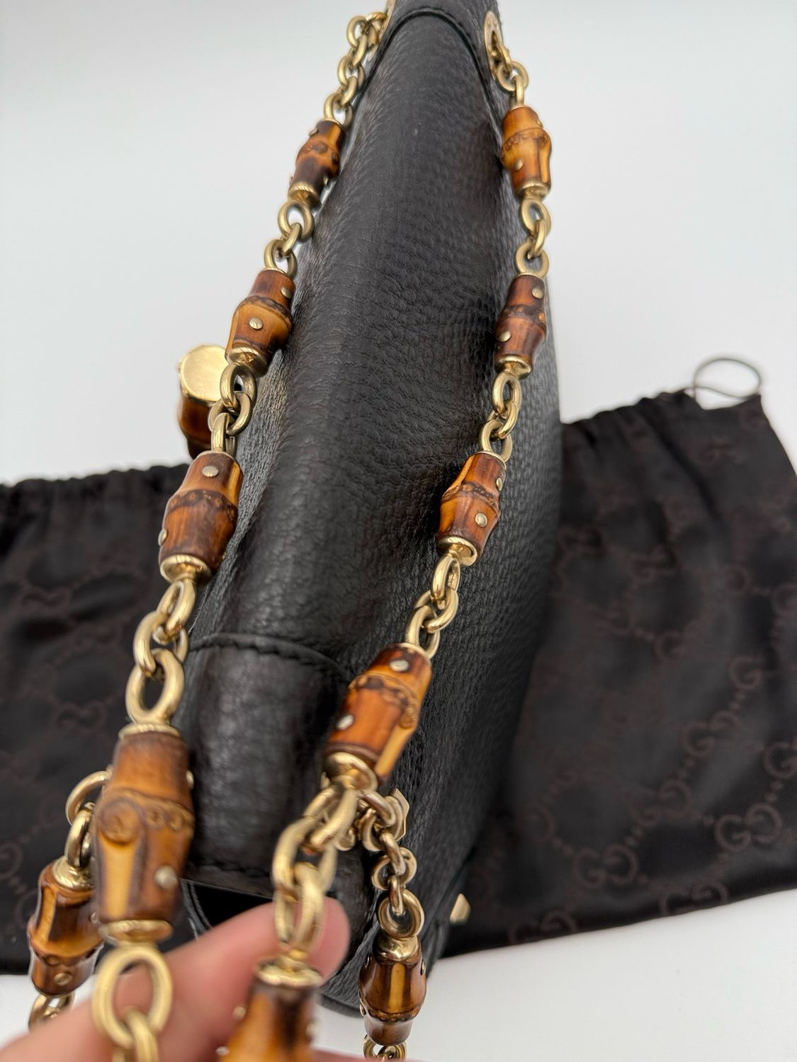 Gucci Pebbled Leather Bamboo Chain Strap Hobo Black
