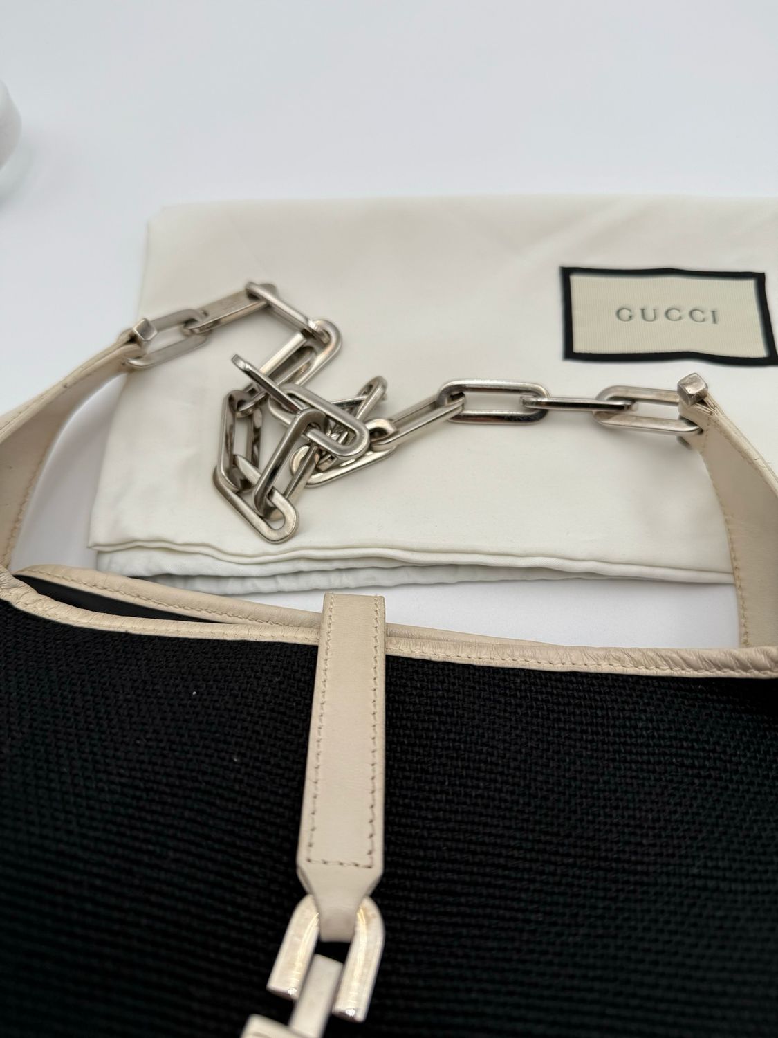 Gucci Jackie Canvas Hobo Chain Strap Leather Trim